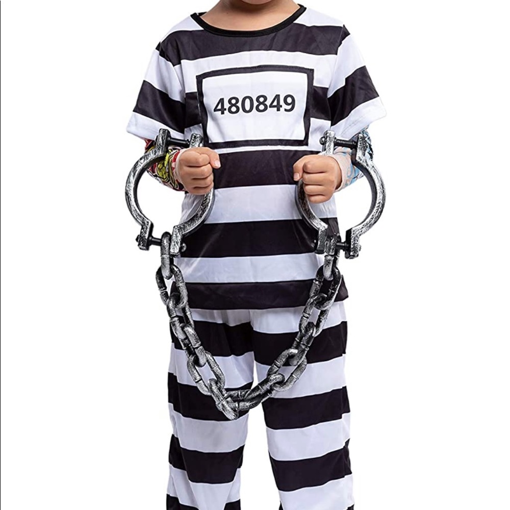 Prisoner Halloween Costume with Tattoo Sleeve and Toy Handcuffs for Kids
